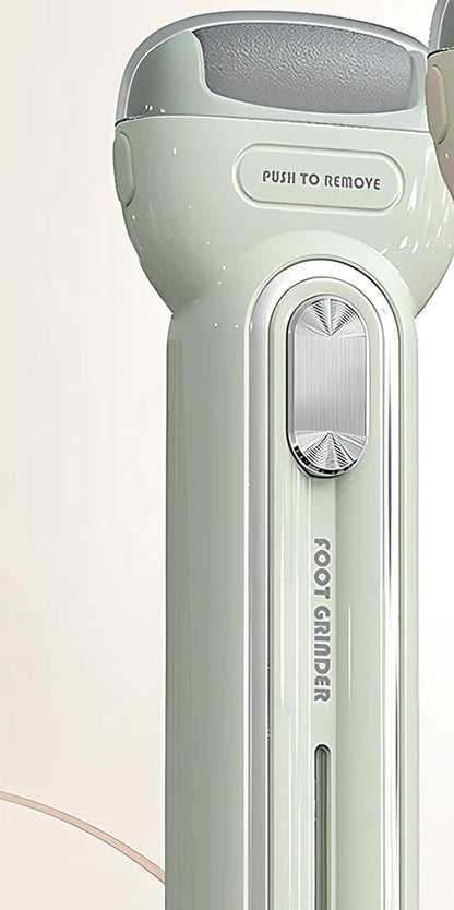 Electric foot grinder with three grinding heads in beige, green, and purple colour options