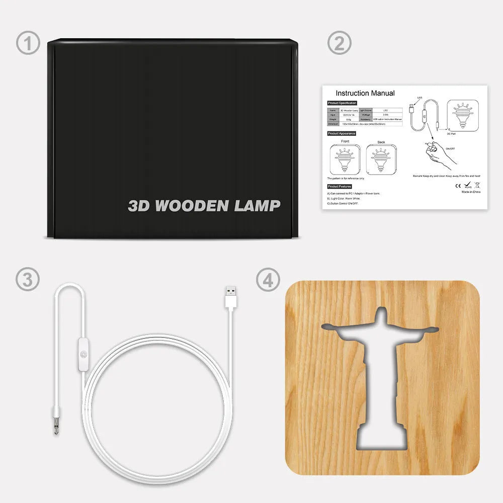 Solid wood hollow night lamp with warm white LED light on a surface