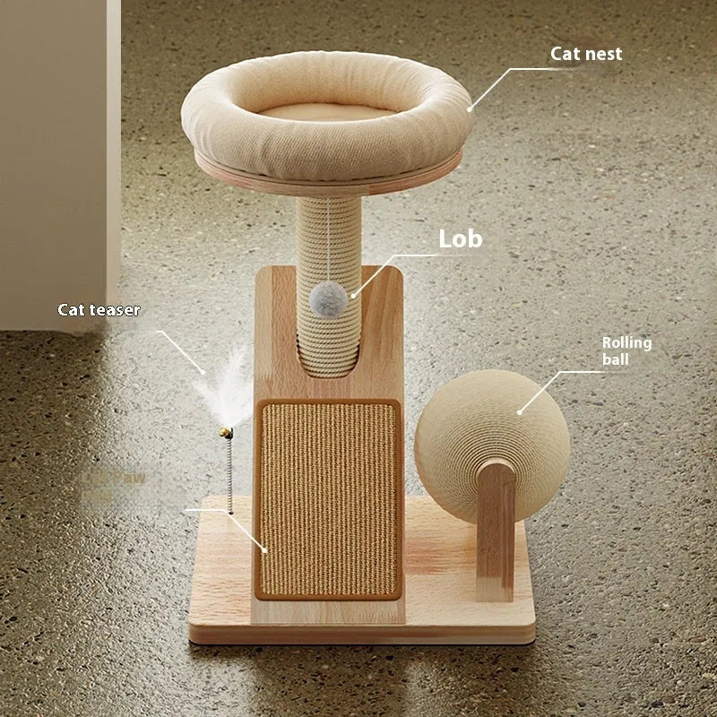 Jute-coloured cat climbing frame with sisal scratching posts, platforms, and small dangling toys.