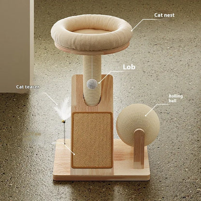 Jute-coloured cat climbing frame with sisal scratching posts, platforms, and small dangling toys.