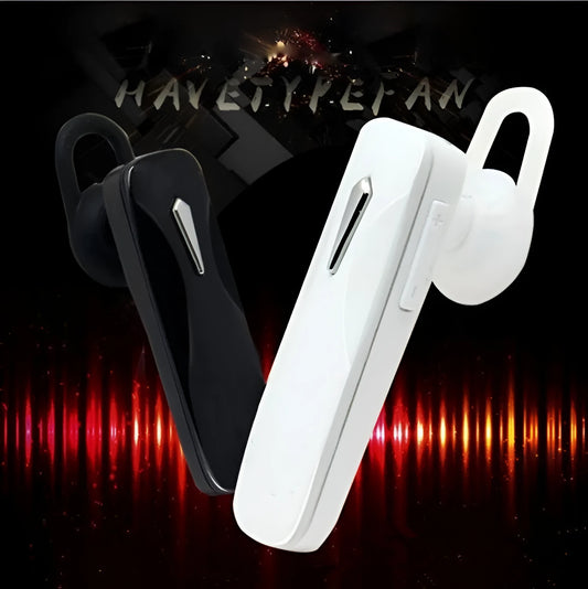 M163 black and white car Bluetooth stereo headset with control buttons for calls and music.