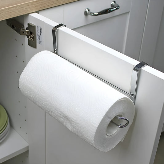 Silver stainless steel paper towel rack for hanging on the back of a kitchen cabinet door.