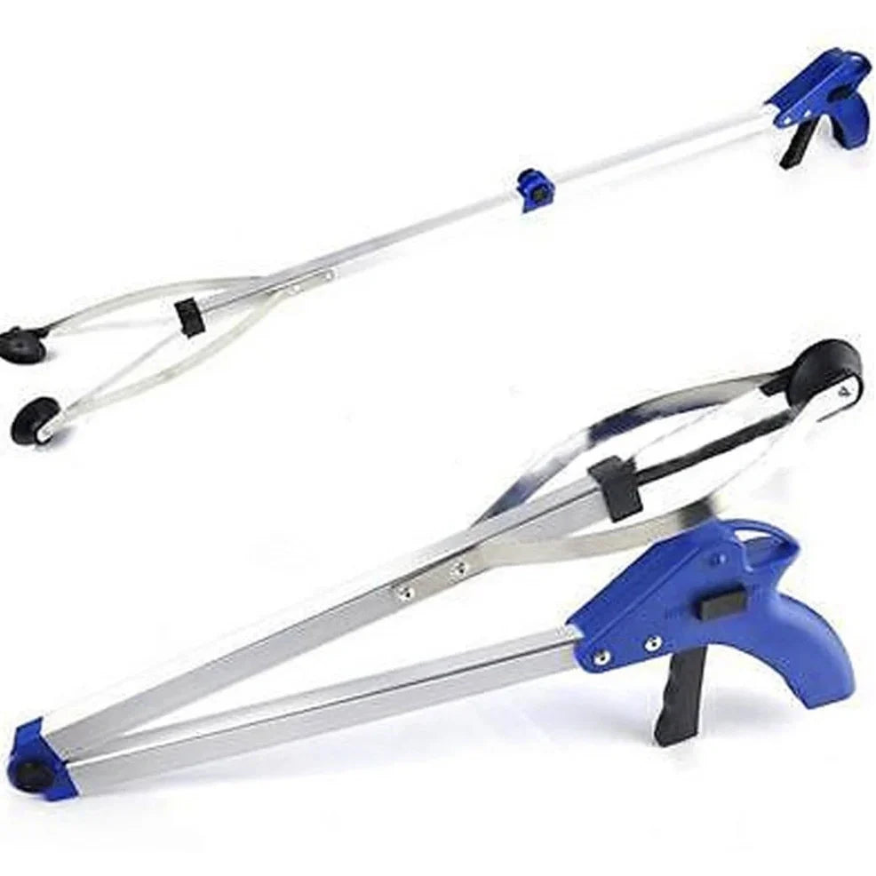 Blue aluminium folding grabber tool extended to 81cm with 8cm jaw opening showing rubber chuck