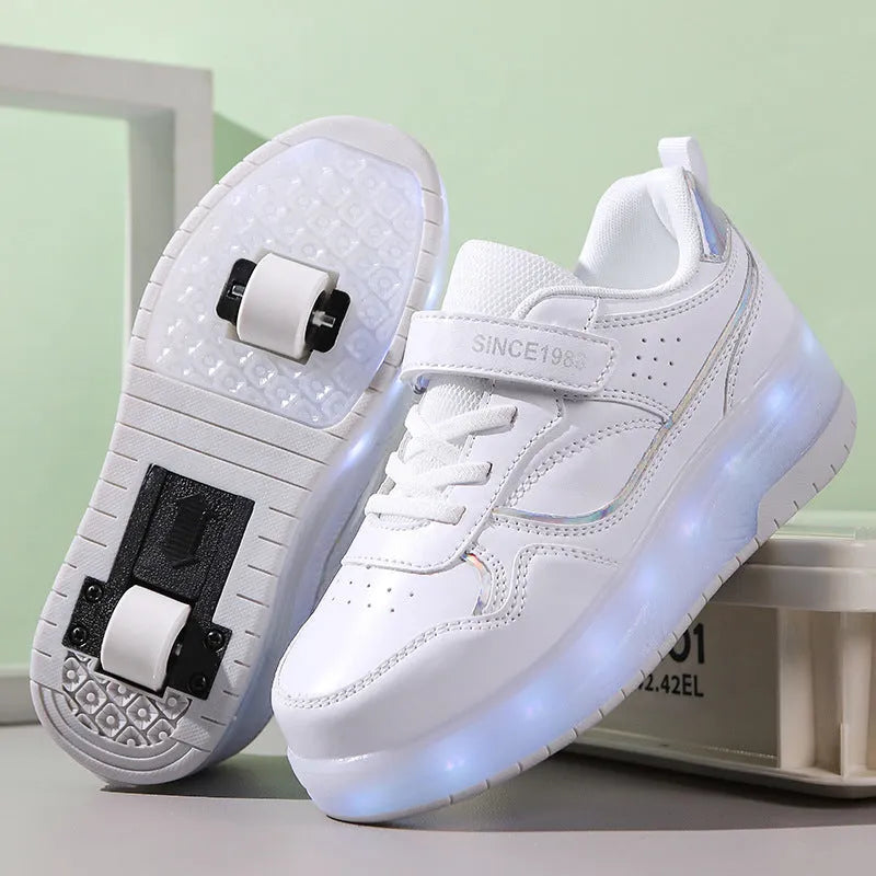 Children's charging flash roller skates with LED lights in pink, white, purple, and black colour options