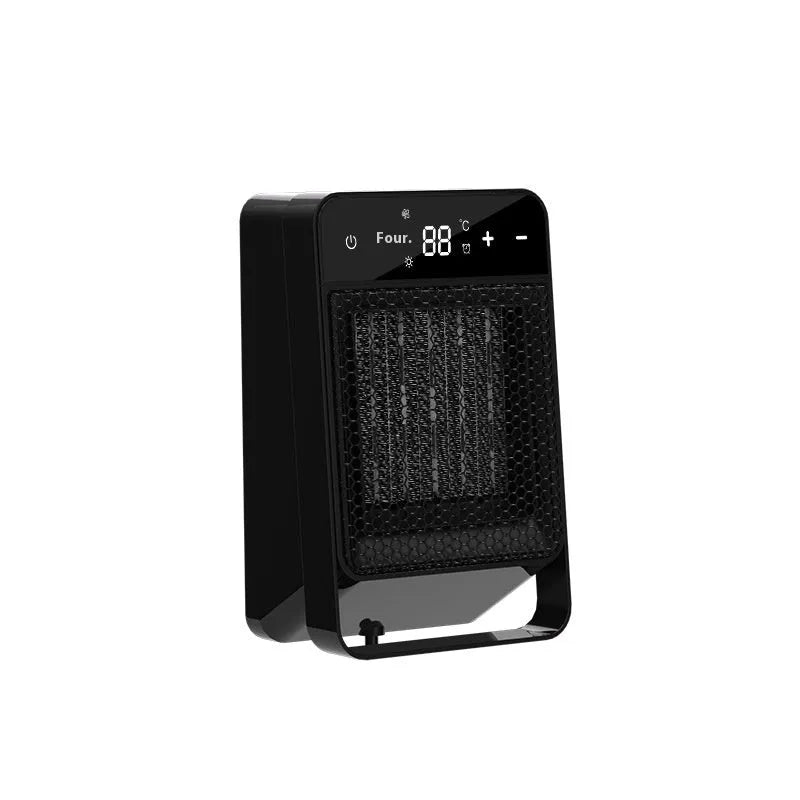 Desktop warm air blower heater with touch screen display measuring 19x10x28cm, includes remote control