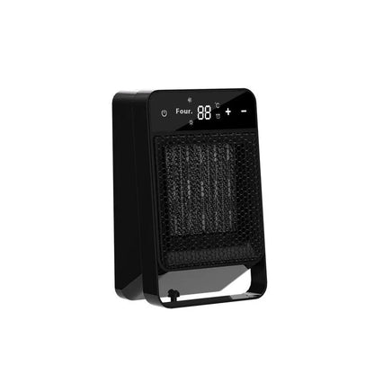 Desktop warm air blower heater with touch screen display measuring 19x10x28cm, includes remote control
