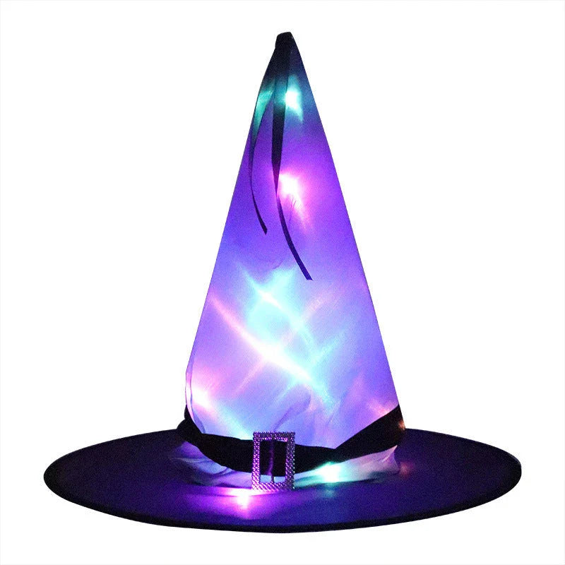 A colorful LED-illuminated witch hat with elf ears, perfect for Halloween home decor and parties.