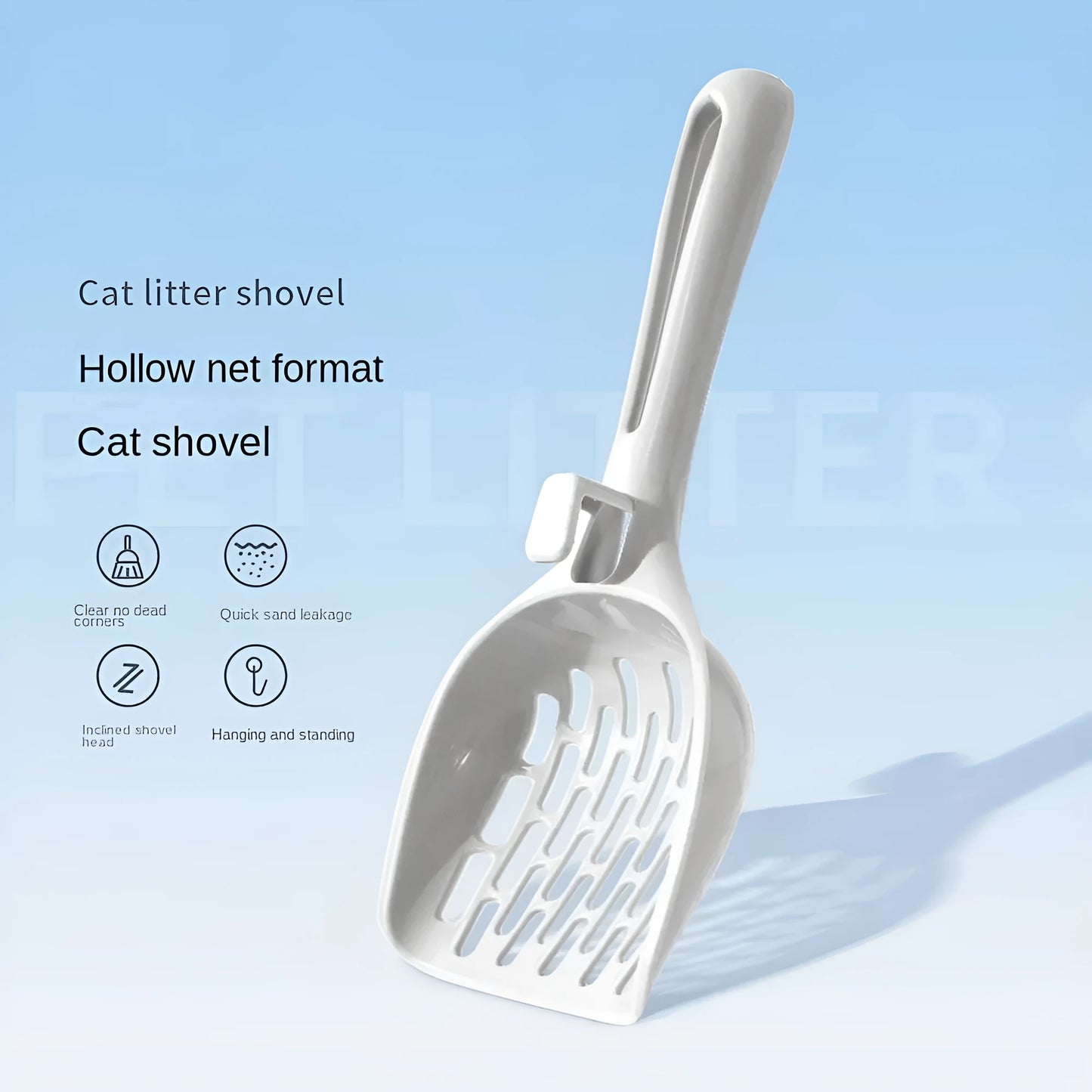 Grey plastic cat litter scoop with removable mesh screen and attached standing base.
