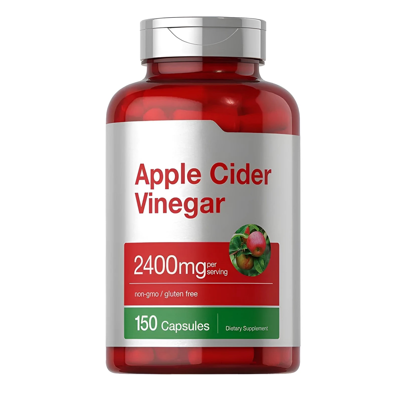Apple cider vinegar capsules in container showing 150 tablets, dietary supplement for general wellness