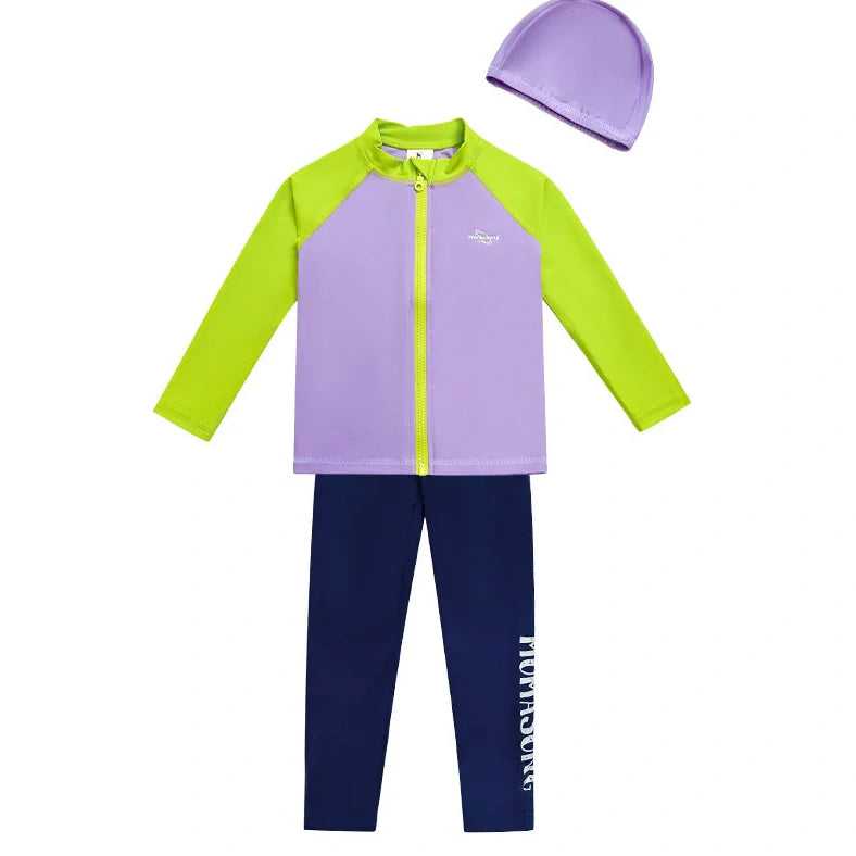 Girls' long sleeve swimsuit with split skirt in gradually varied pink colour, showing complete arm coverage and skirt design