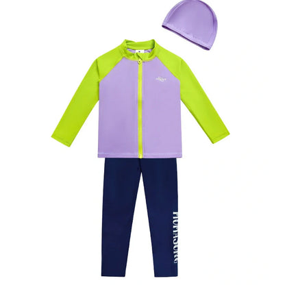 Girls' long sleeve swimsuit with split skirt in gradually varied pink colour, showing complete arm coverage and skirt design
