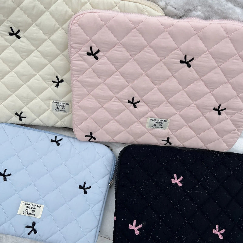 Nylon Notebook Storage Bag with Rhombus Embroidery Bow in 11 Inch 13-14 Inch and 15-15.6 Inch Sizes for A4 Document and Laptop Organisation, Available in White Black Light Blue and Light Pink
