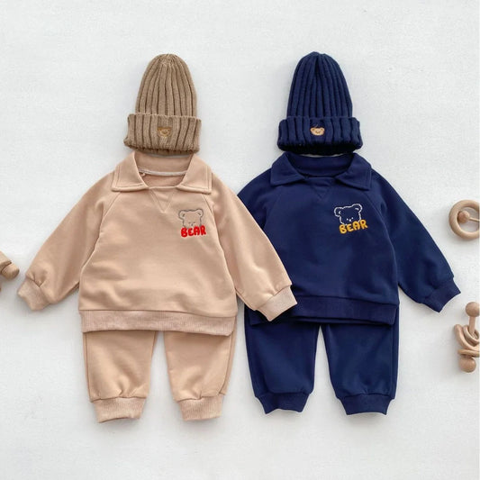 Sapphire blue infant lapel sweater and trousers set with Korean-style design details
