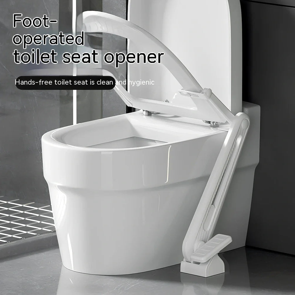 White plastic pedal toilet lid lifter with foot operation mechanism for hands-free use
