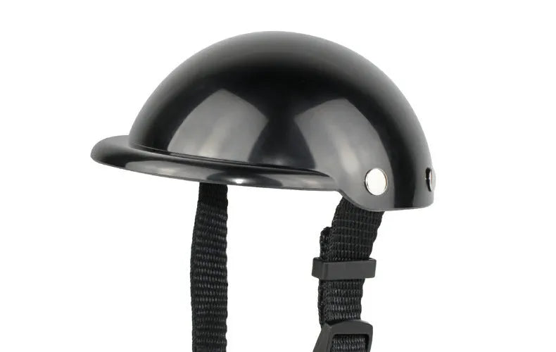 Black pet helmet for dogs and cats with adjustable strap, ABS shell, sizes S and M