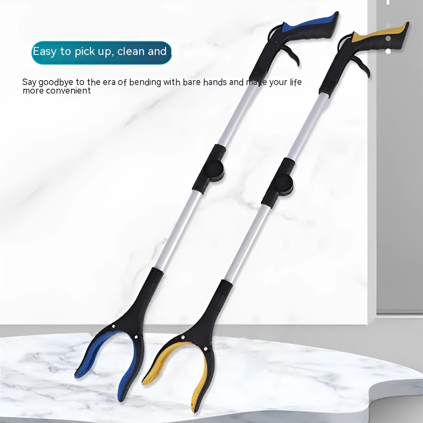 Foldable aluminium garbage clamp with extended pole and magnet sucker on blue handle.