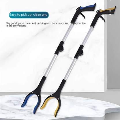 Foldable aluminium garbage clamp with extended pole and magnet sucker on blue handle.