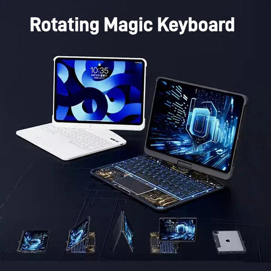 Versatile iPad keyboard cover with 360-degree rotation, silent buttons, and pen slot for enhanced productivity and style