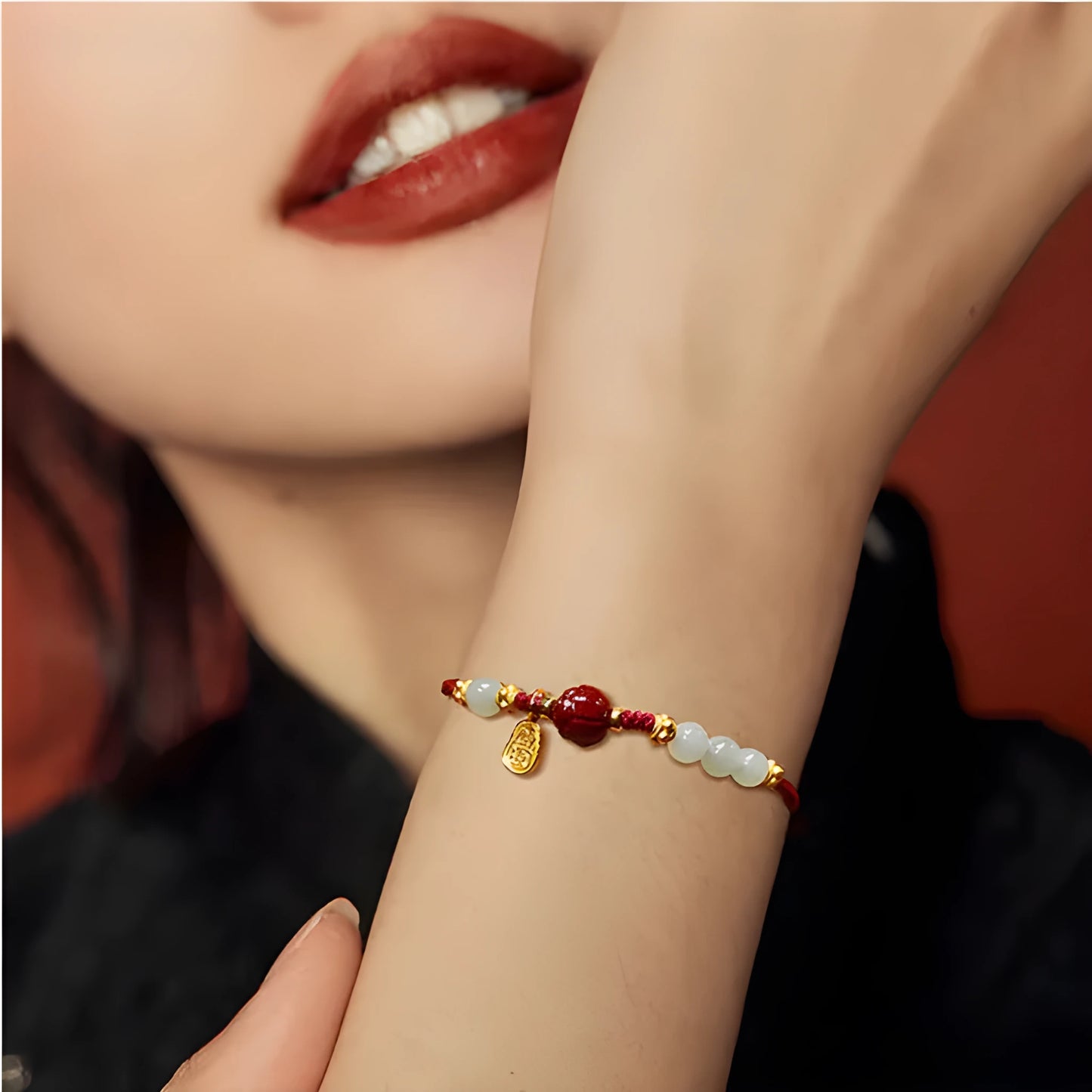 Women's adjustable bracelet with Hetian jade, cinnabar red rope and 925 silver chain