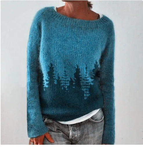 Women's loose round neck acrylic pullover sweater in geometric and stripe prints, sizes S-5XL, 50cm length