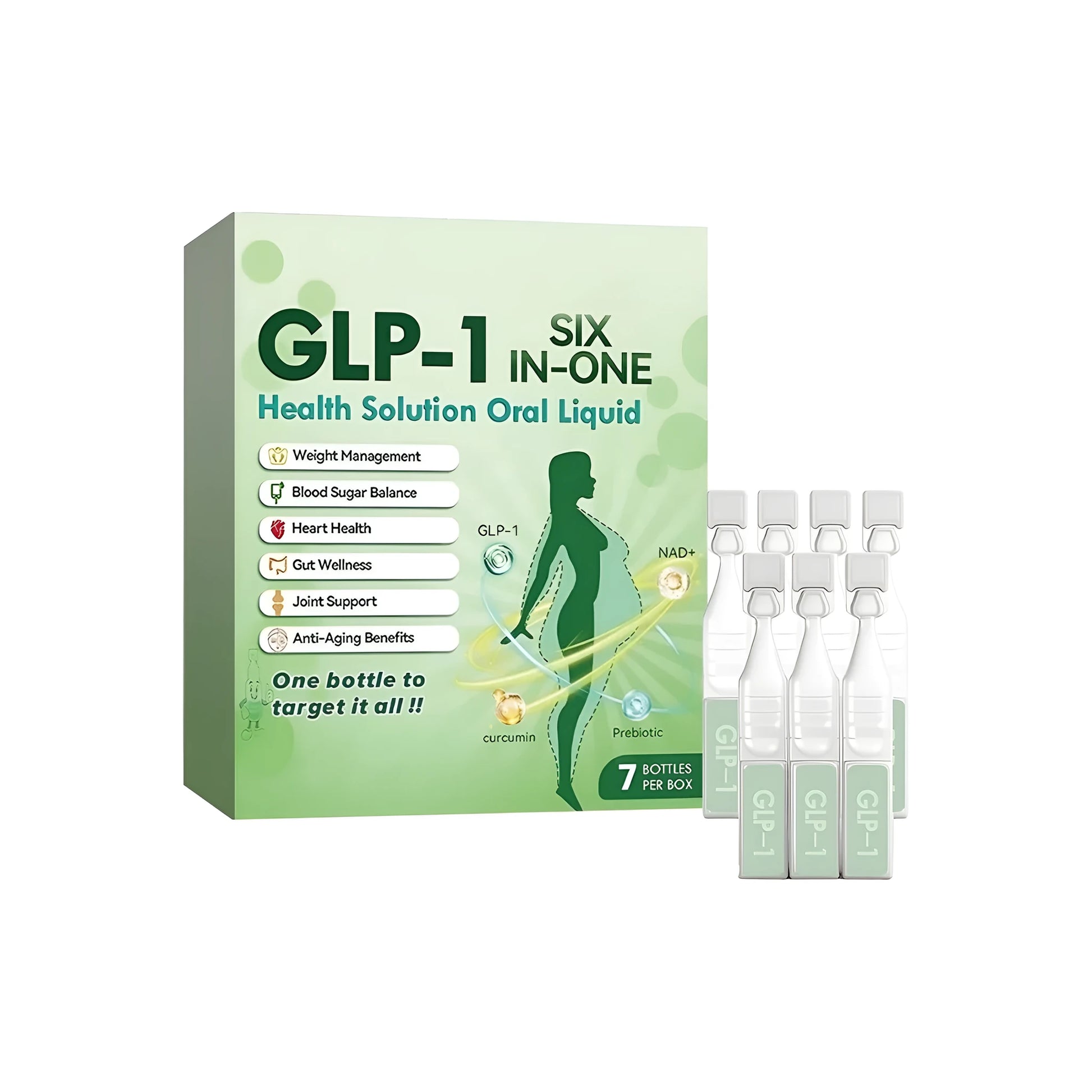 Box of Health Solution Oral Liquid containing seven bottles of green tea, Moringa and turmeric supplement drops