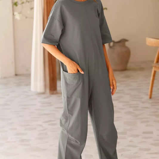 Women's Stretch V-neck Jumpsuit with pockets in gray, brown, green, white, and black