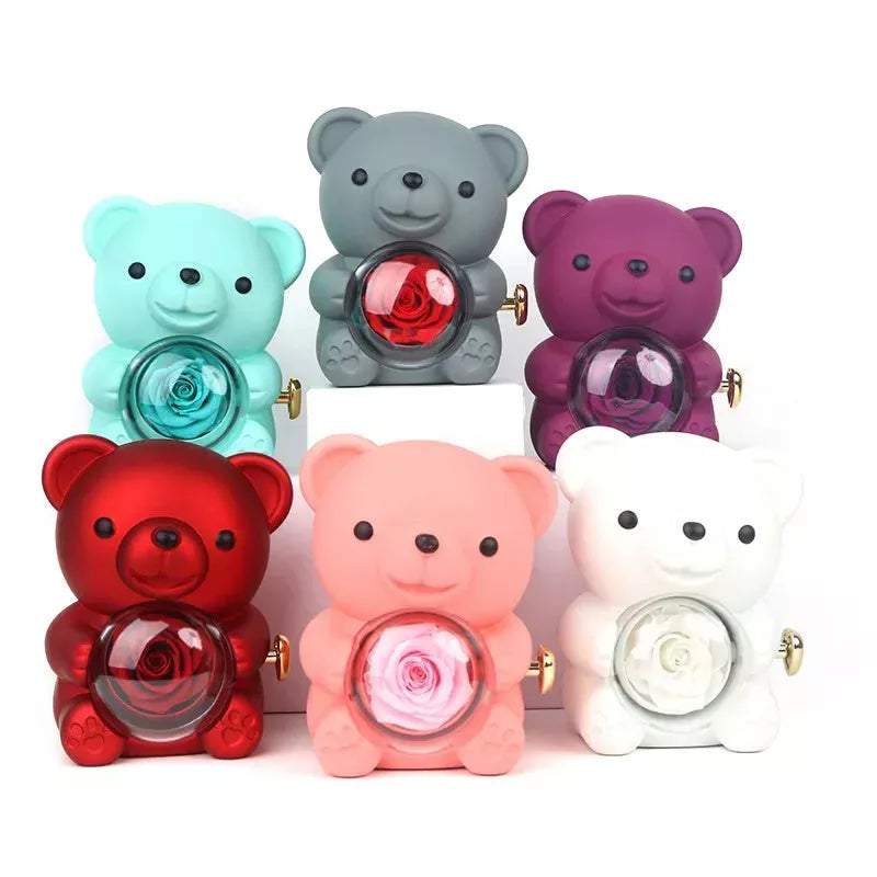 Eternal Rose Teddy Bear Jewelry Box with rotating drawer and preserved rose