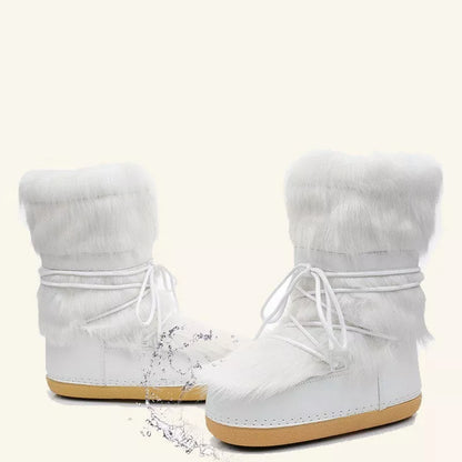 Women's white fleece-lined winter space boots with mid-top design and round toe