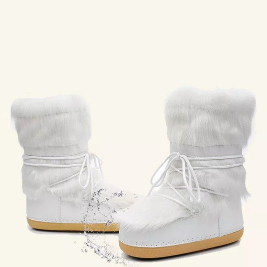 Women's white fleece-lined winter space boots with mid-top design and round toe