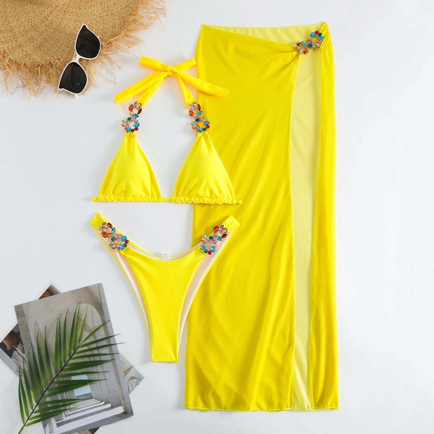 Three-piece polyester bikini set with mesh long skirt in rose red or yellow colour, sizes S M L