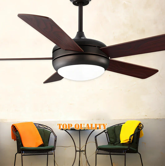 Wood blade ceiling fan with glass lampshade in black finish, 46cm diameter