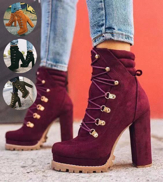 Women's suede high heel boots with round toe and lace-up design in green, black, wine red, and brown yellow