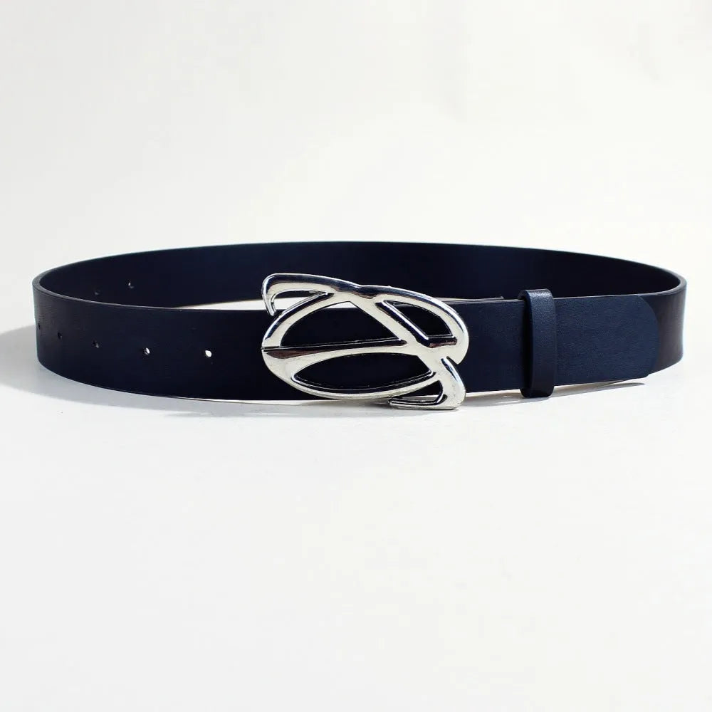 Silver alloy buckle snap-fastening on a 3.3cm wide brown PU leather casual belt