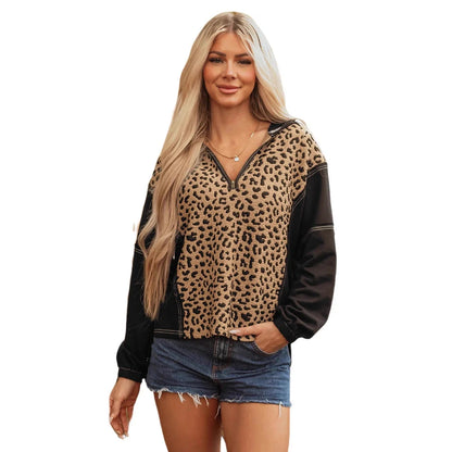 Brown leopard print women's V-neck long sleeve polyester sweater with loose fit