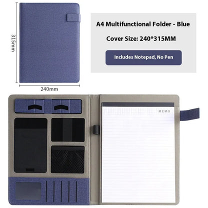 Leather A4 business folder showing 35mm thickness and 325x250mm dimensions with optional pen and notepad accessories