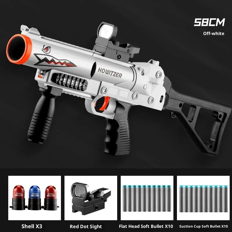 Three-series grenade launcher soft bullet gun in shark sand colour, showing 25cm length and textured grip surface