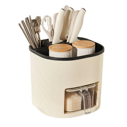 Multifunctional kitchen storage caddy with 4-compartment spice rack, rotating design, and ample storage space for utensils and seasonings