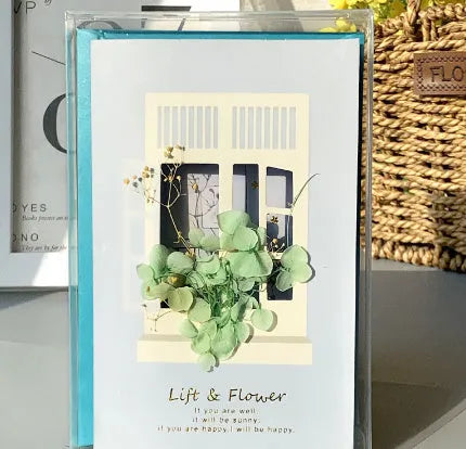 Handmade 3D pop-up greeting card with butterfly shape showing artificial flowers and hot stamping details