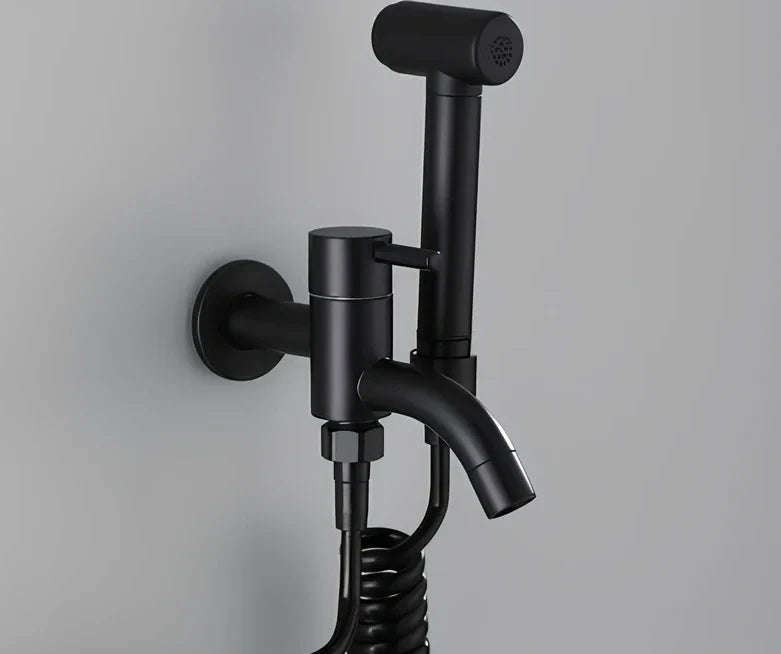 Single cold sink wall faucet with coiled telephone cord hose and push-type spray gun for mop pool installation