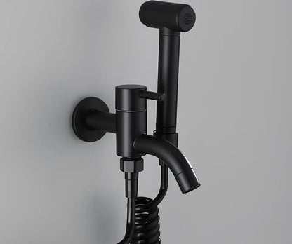 Single cold sink wall faucet with coiled telephone cord hose and push-type spray gun for mop pool installation