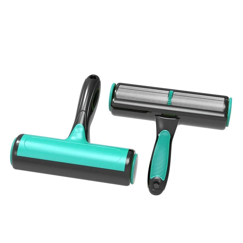 Handheld automatic pet hair lint roller with sticky rotating brush in green, blue, or grey colour