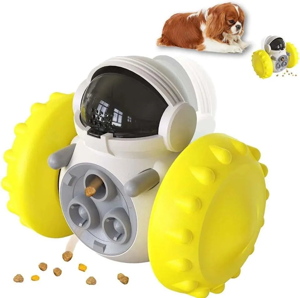 A small, robot-shaped, self-balancing dog treat dispenser toy in various colours, rolling on a floor.