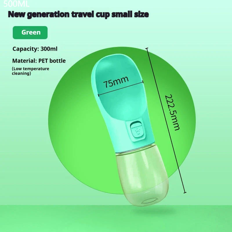 Portable pet water bottle and feeding bowl made of durable, BPA-free plastic with a leak-proof design and large opening for easy drinking and refilling