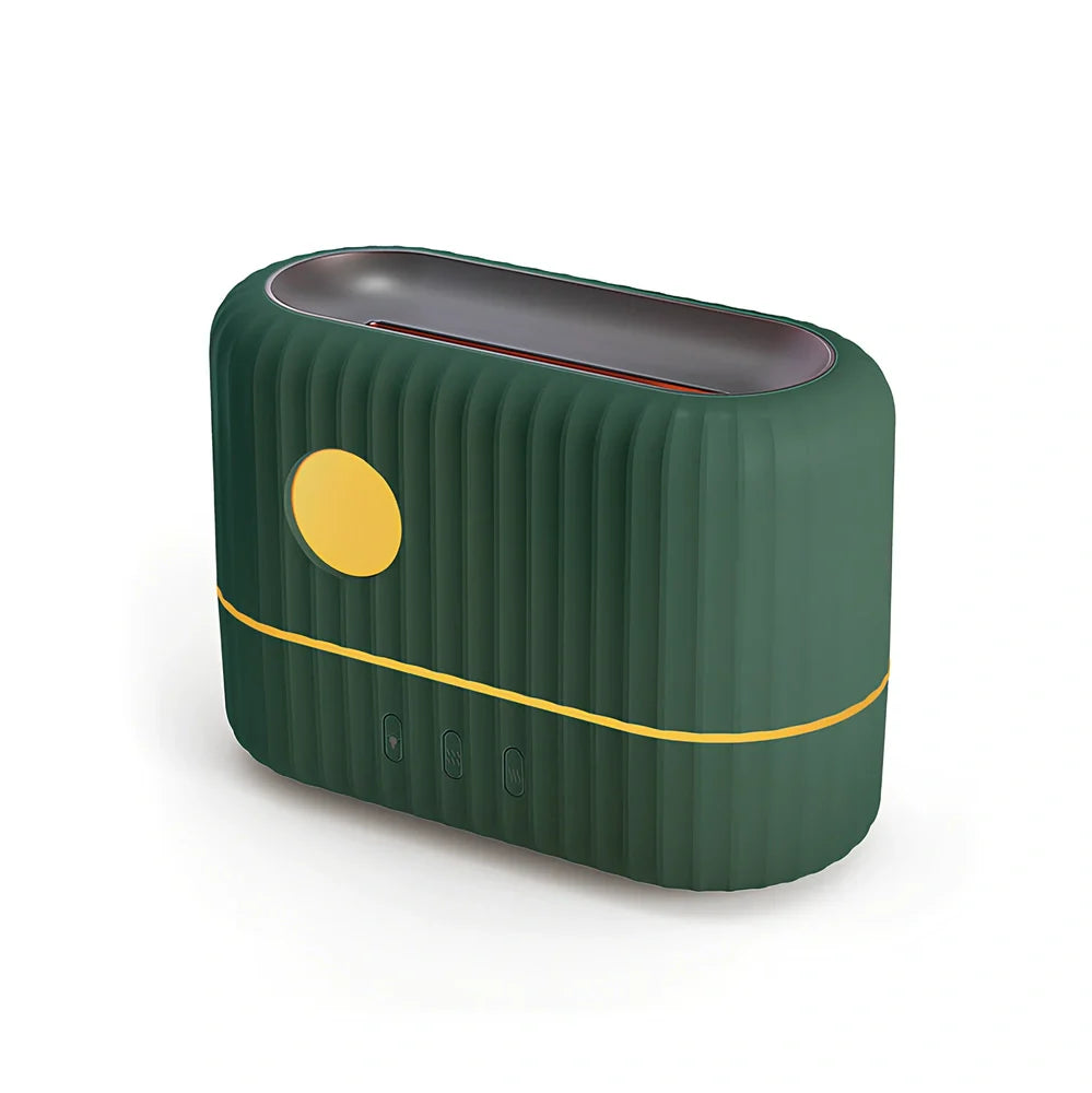 White H9 flame simulation humidifier with 280ml tank on desk, showing ultrasound mist and LED flame effect for aromatherapy