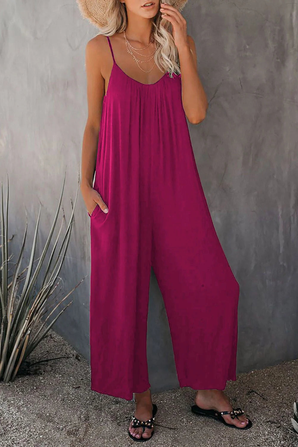 Women's sleeveless cotton blend jumpsuit with pockets in various colors