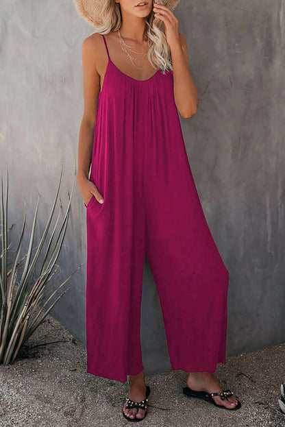 Women's sleeveless cotton blend jumpsuit with pockets in various colors