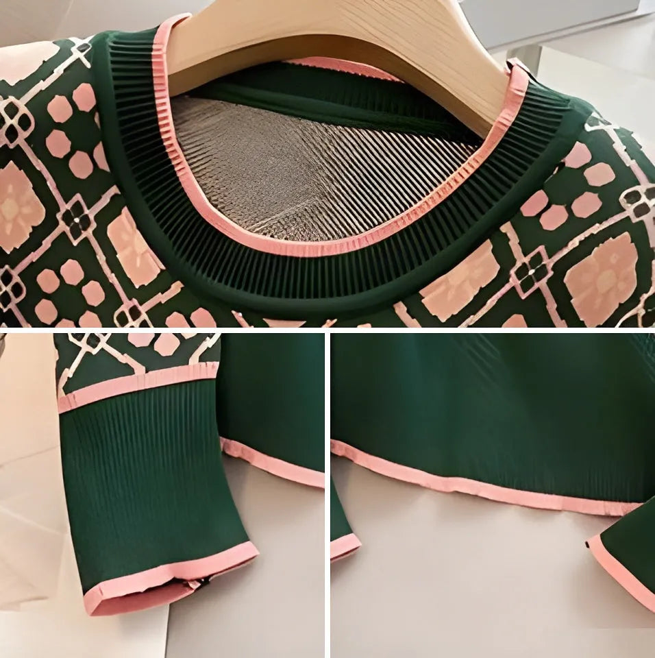Green printed loose fit women's sweater with regular sleeves, free size.