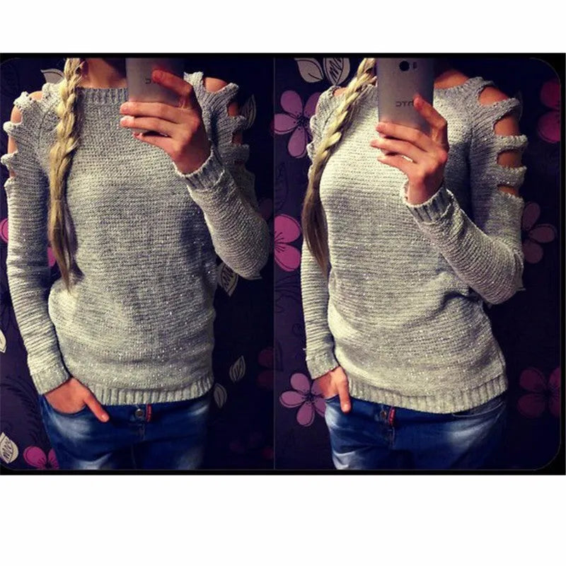 Women's solid colour knitted shirt with hollow-out crochet detailing, long sleeves, and round neck in white or grey