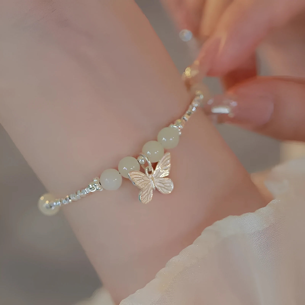 Hetian jade silver butterfly bracelet and necklace set for women with electroplated copper construction
