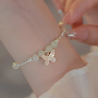 Hetian jade silver butterfly bracelet and necklace set for women with electroplated copper construction
